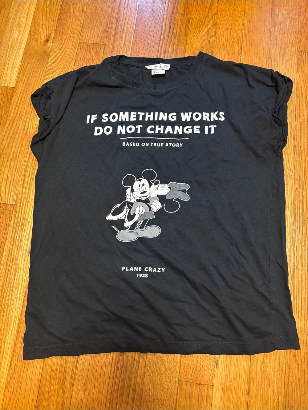 Mango Mickey Mouse Black Graphic Tee T-Shirt Cap Sleeves